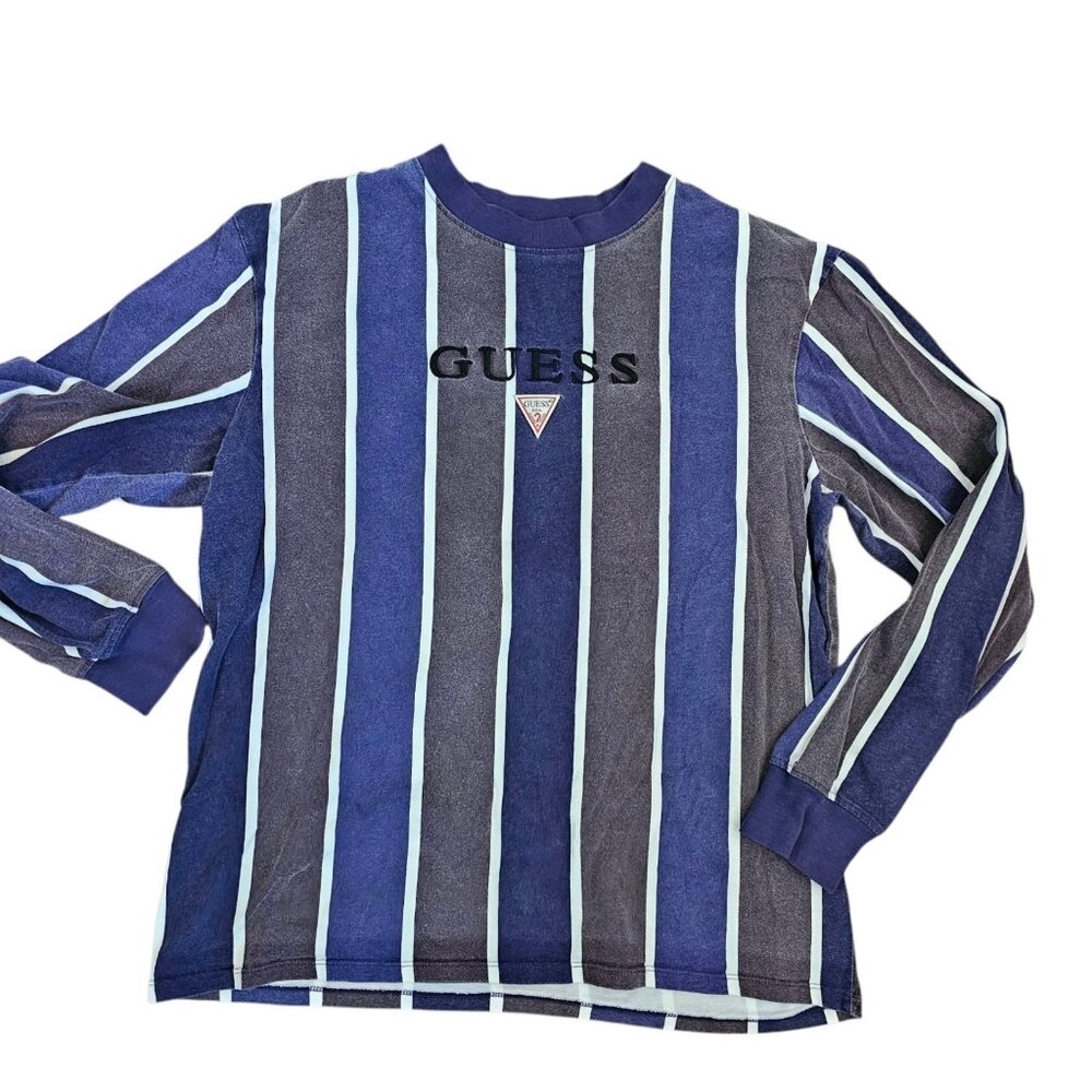 Retro Mens Guess Shirt Striped Faded Spellout Longsleeve Sz S M Blue Gray‎